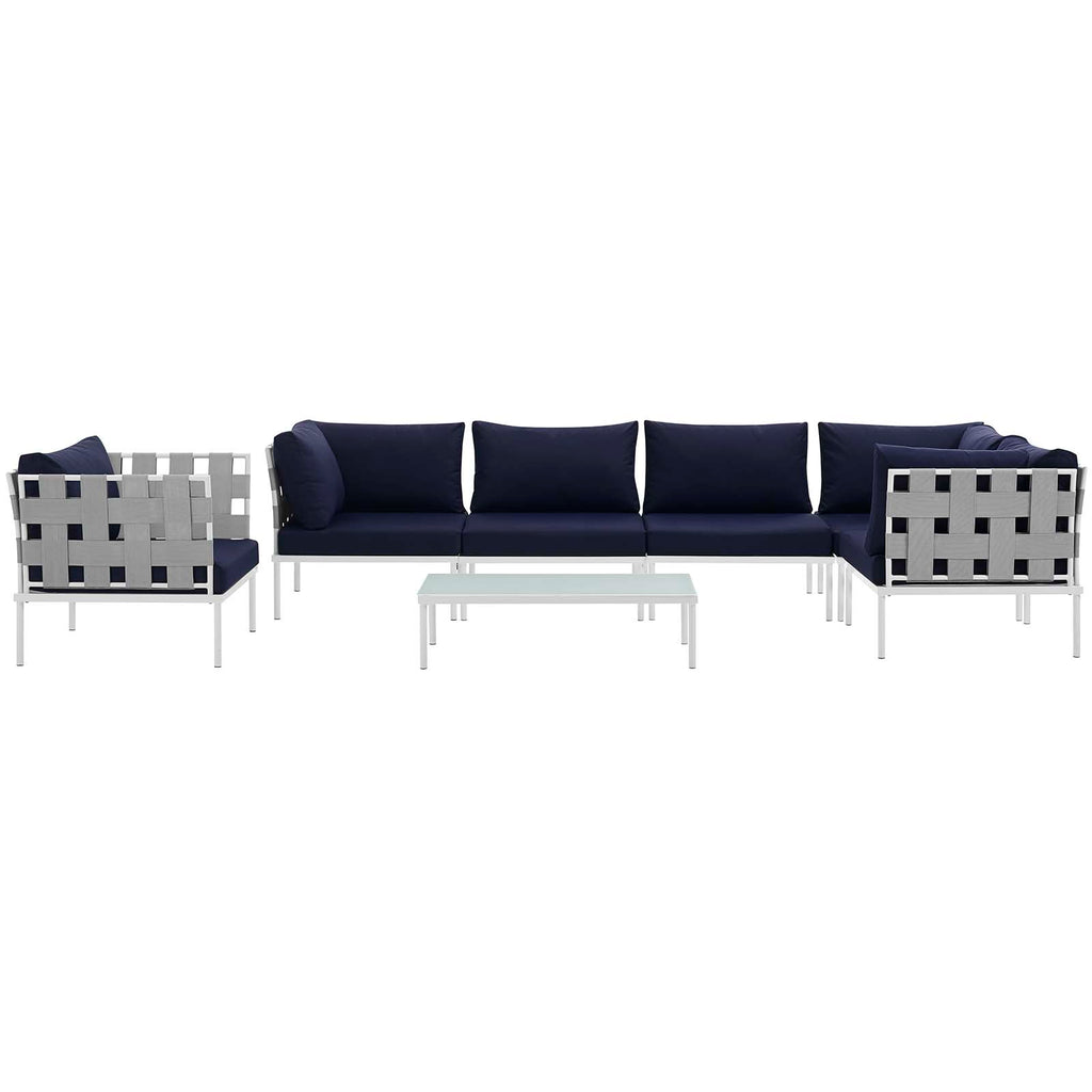 Harmony 7 Piece Outdoor Patio Aluminum Sectional Sofa Set in White Navy-1