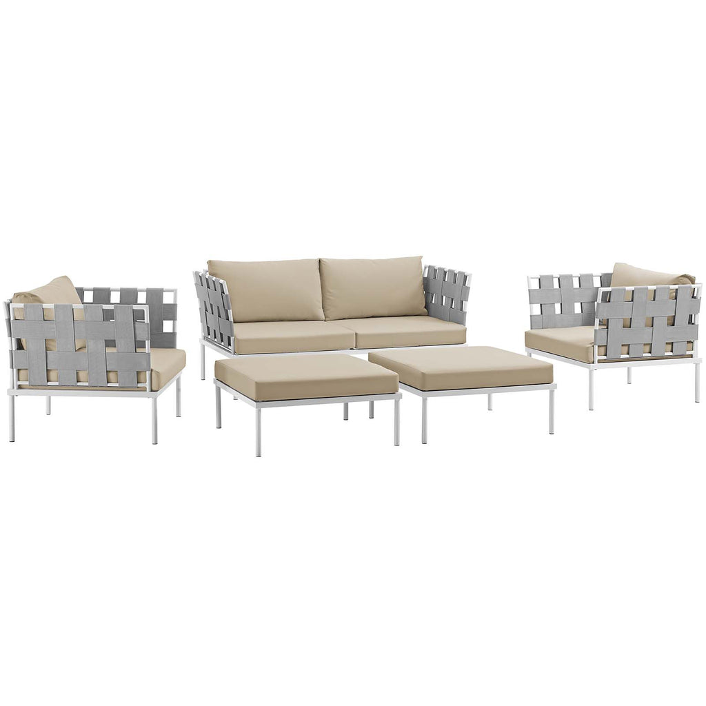 Harmony 5 Piece Outdoor Patio Aluminum Sectional Sofa Set in White Beige-2