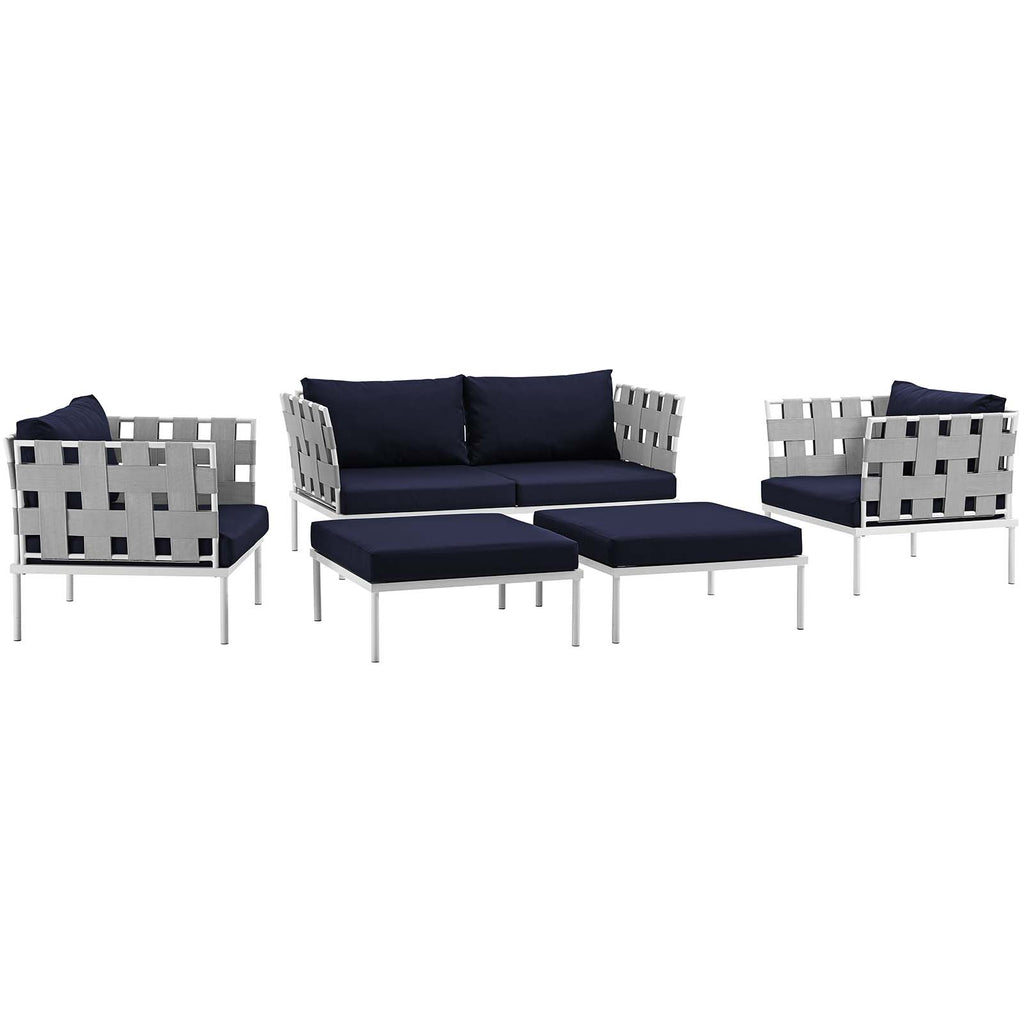 Harmony 5 Piece Outdoor Patio Aluminum Sectional Sofa Set in White Navy-2