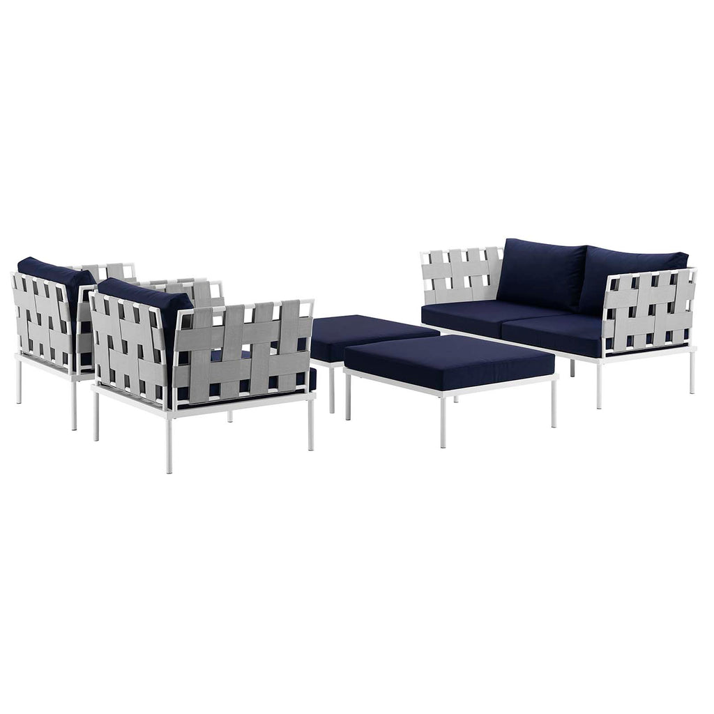 Harmony 5 Piece Outdoor Patio Aluminum Sectional Sofa Set in White Navy-2