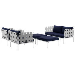 Harmony 5 Piece Outdoor Patio Aluminum Sectional Sofa Set in White Navy-2