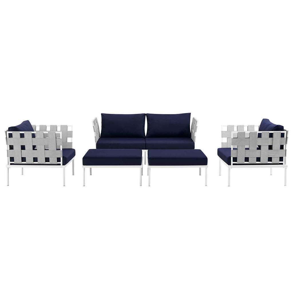 Harmony 5 Piece Outdoor Patio Aluminum Sectional Sofa Set in White Navy-2