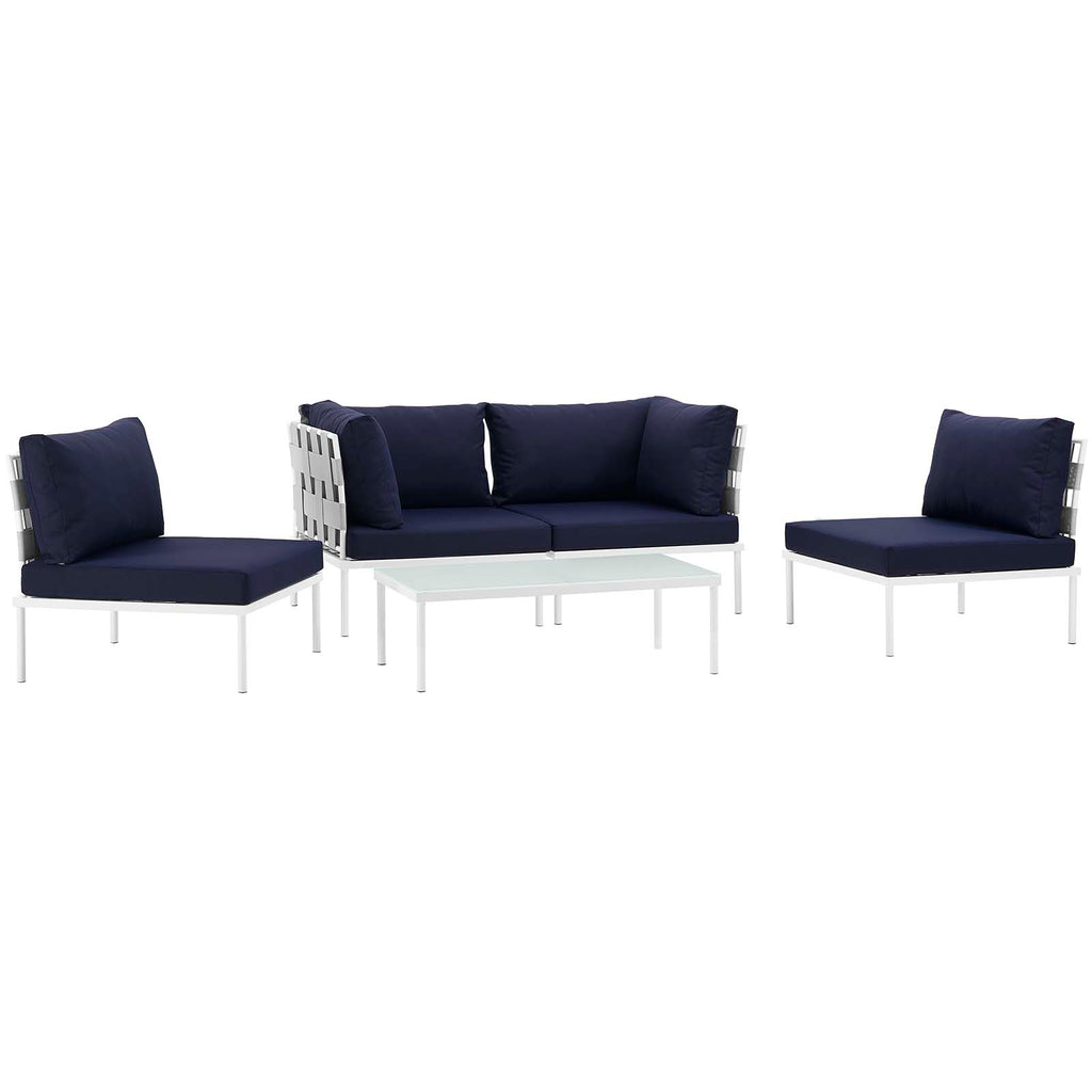 Harmony 5 Piece Outdoor Patio Aluminum Sectional Sofa Set in White Navy-1