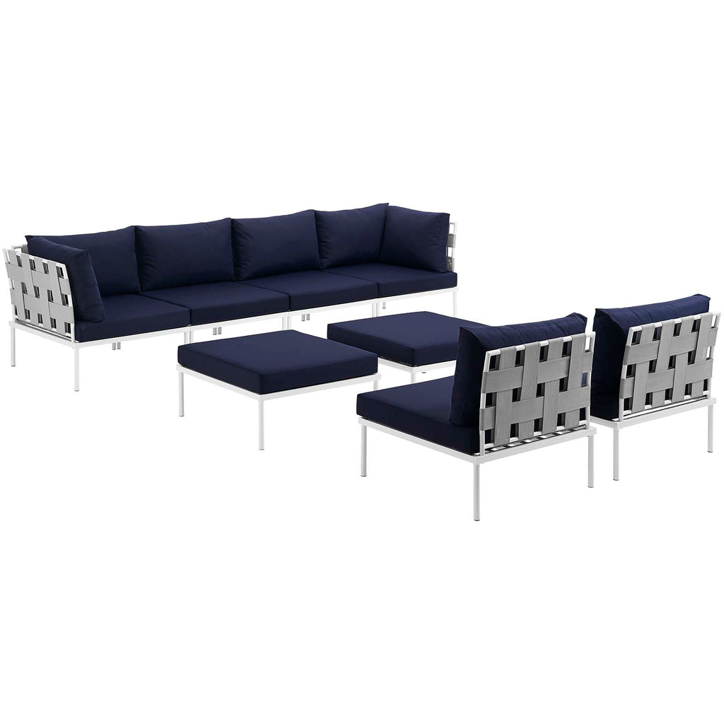 Harmony 8 Piece Outdoor Patio Aluminum Sectional Sofa Set in White Navy-2