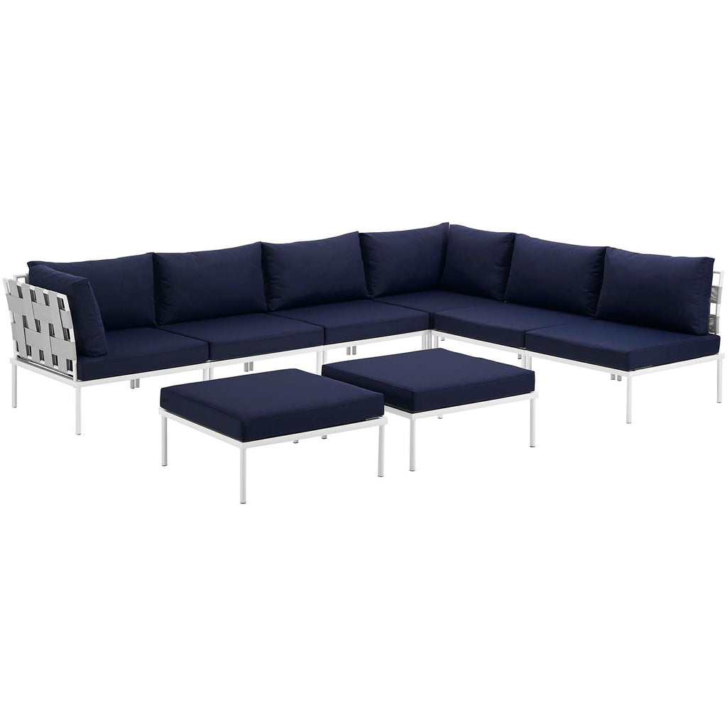 Harmony 8 Piece Outdoor Patio Aluminum Sectional Sofa Set in White Navy-2