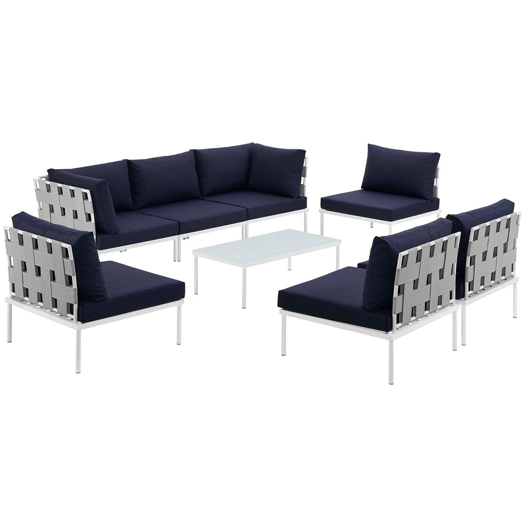 Harmony 8 Piece Outdoor Patio Aluminum Sectional Sofa Set in White Navy-1