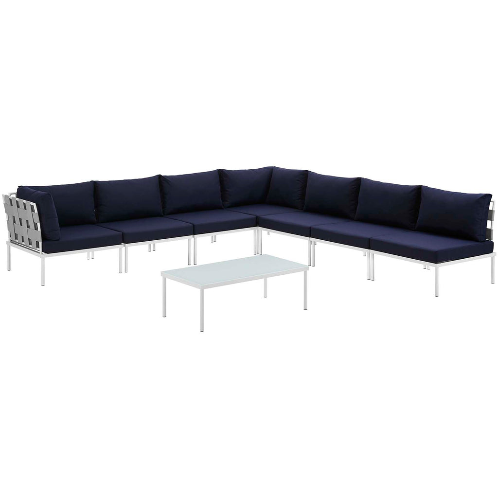 Harmony 8 Piece Outdoor Patio Aluminum Sectional Sofa Set in White Navy-1