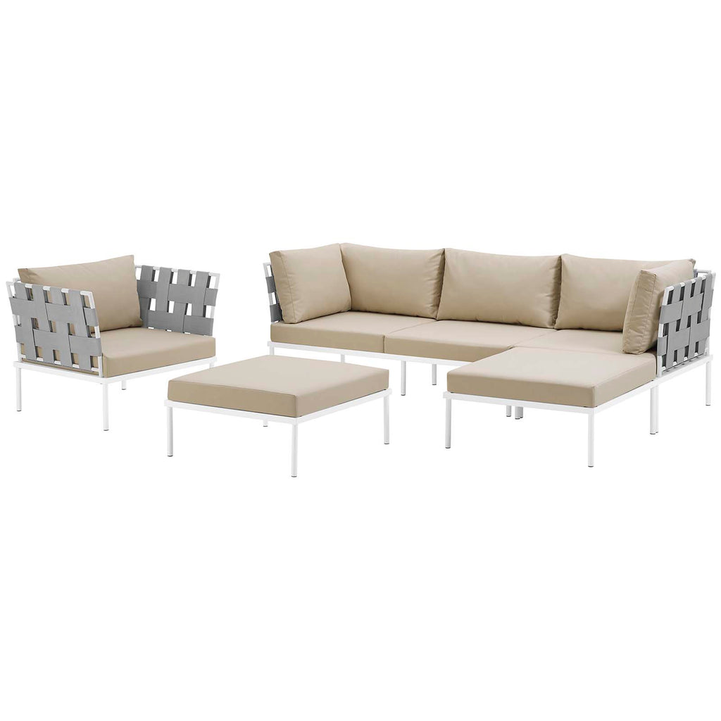 Harmony 6 Piece Outdoor Patio Aluminum Sectional Sofa Set in White Beige-2