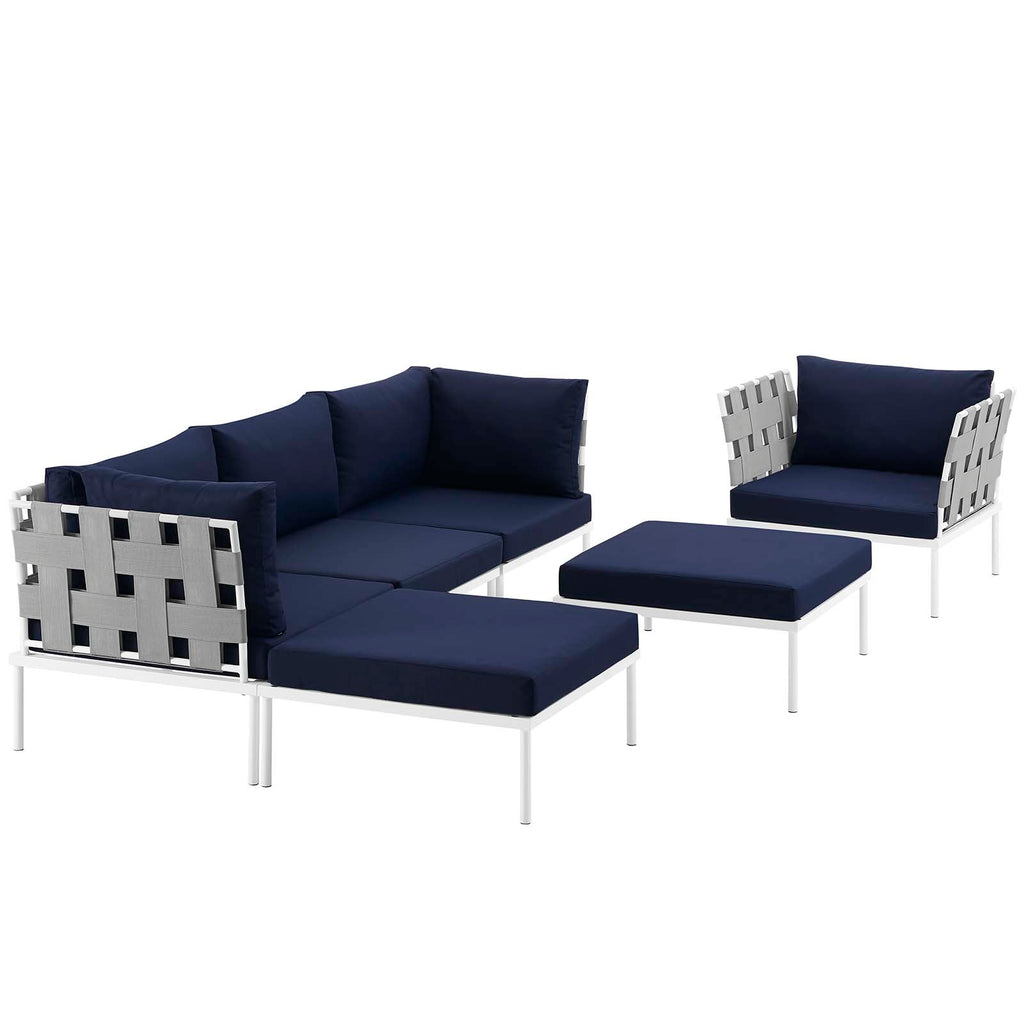 Harmony 6 Piece Outdoor Patio Aluminum Sectional Sofa Set in White Navy-2