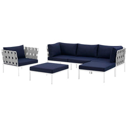 Harmony 6 Piece Outdoor Patio Aluminum Sectional Sofa Set in White Navy-2