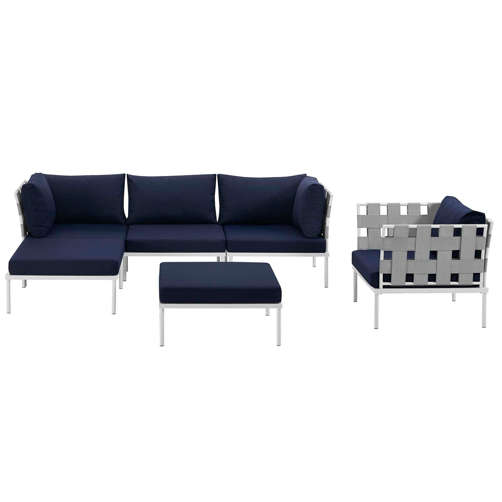 Harmony 6 Piece Outdoor Patio Aluminum Sectional Sofa Set in White Navy-2