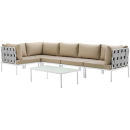 Harmony 6 Piece Outdoor Patio Aluminum Sectional Sofa Set in White Beige-1