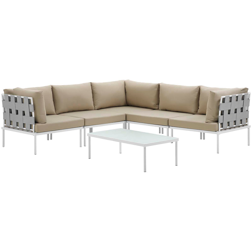 Harmony 6 Piece Outdoor Patio Aluminum Sectional Sofa Set in White Beige-1