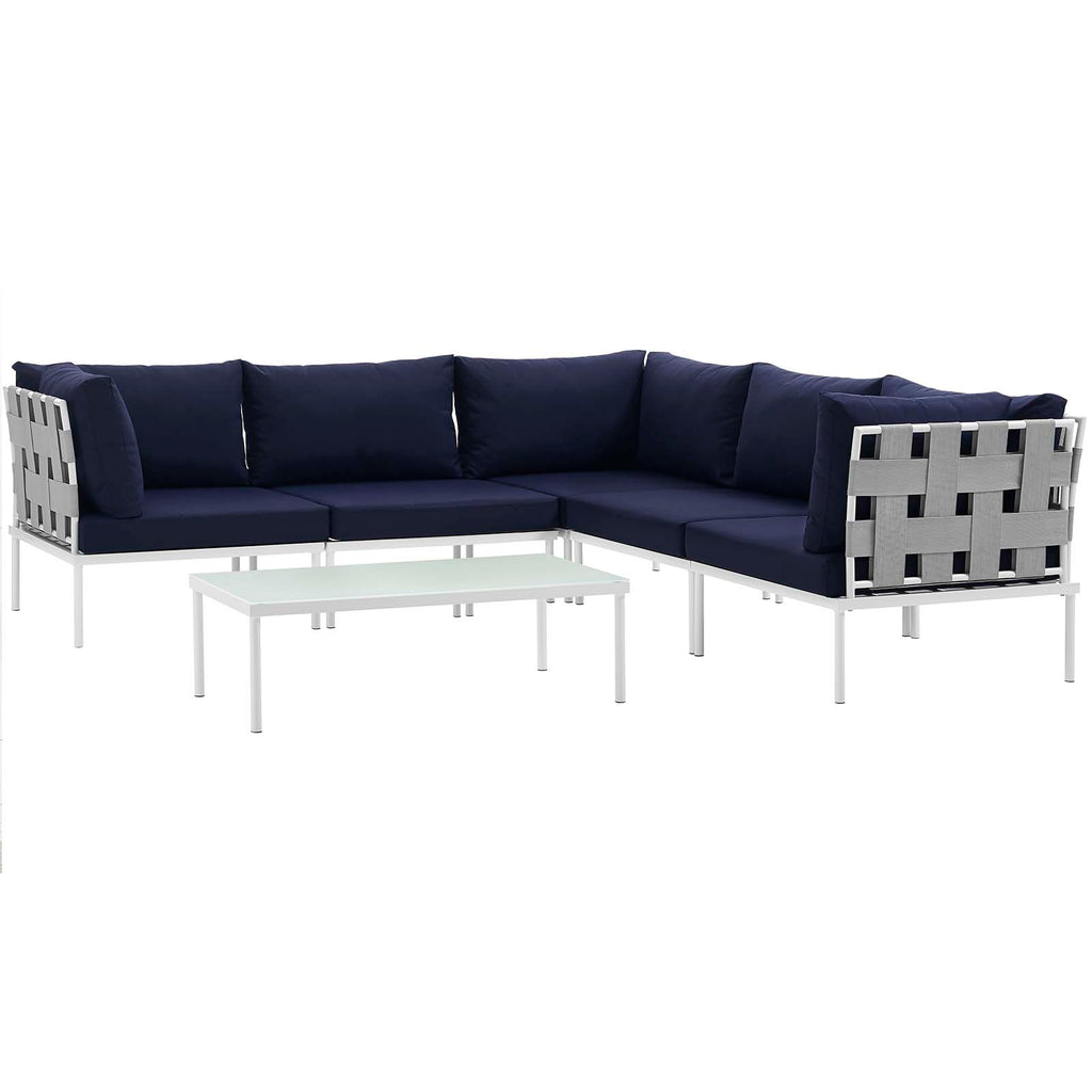 Harmony 6 Piece Outdoor Patio Aluminum Sectional Sofa Set in White Navy-1