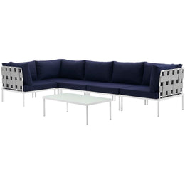 Harmony 6 Piece Outdoor Patio Aluminum Sectional Sofa Set in White Navy-1