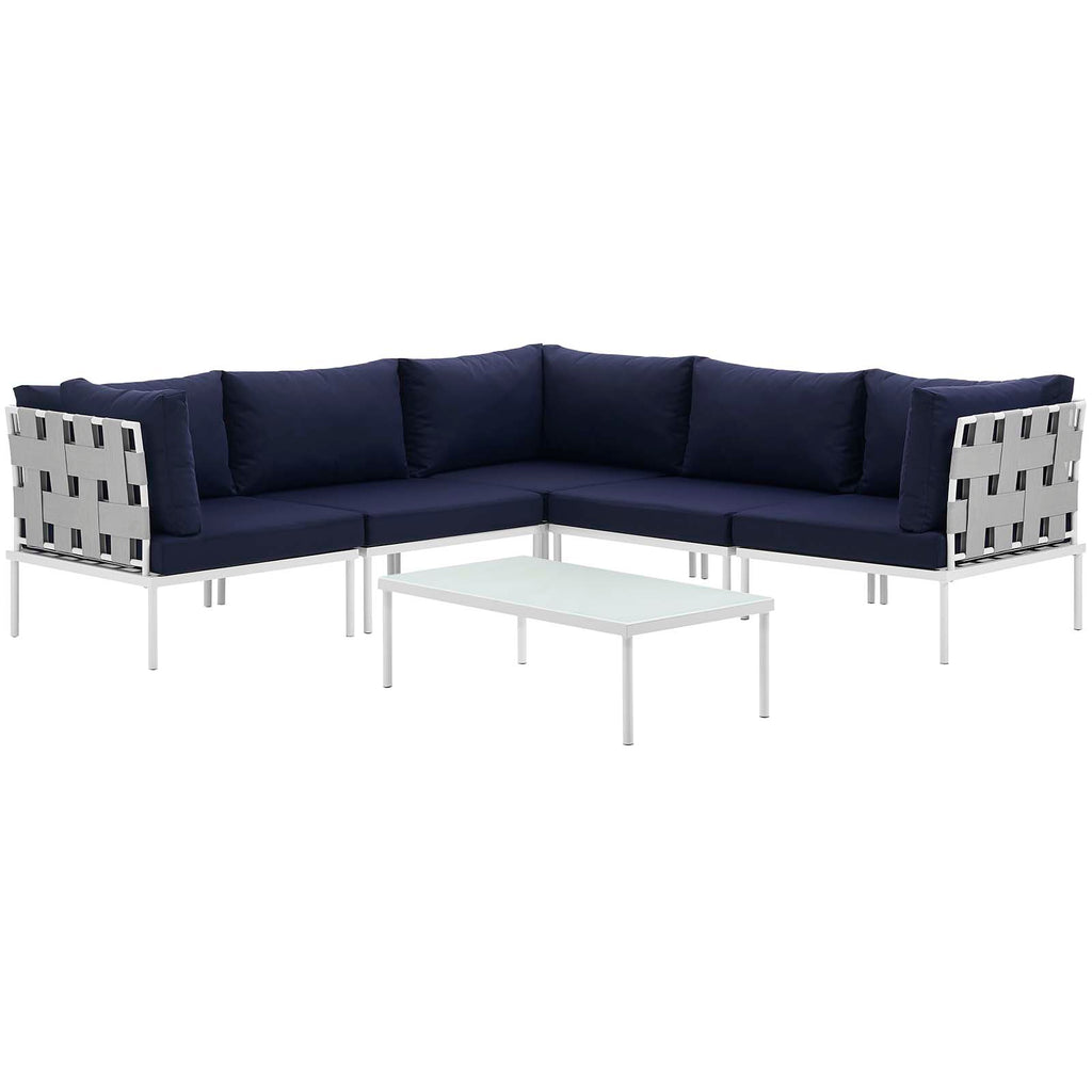 Harmony 6 Piece Outdoor Patio Aluminum Sectional Sofa Set in White Navy-1