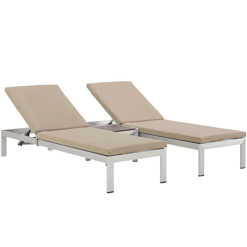 Shore 3 Piece Outdoor Patio Aluminum Chaise with Cushions in Silver Beige