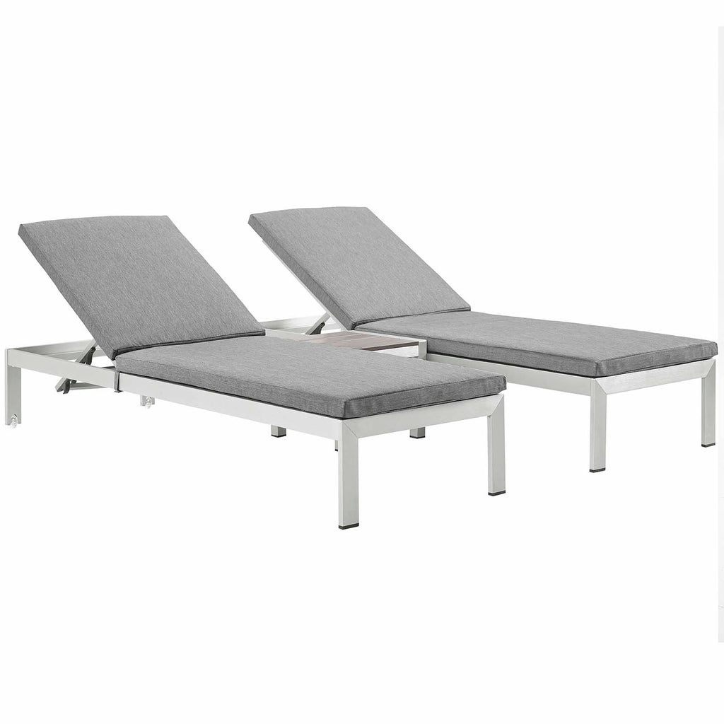 Shore 3 Piece Outdoor Patio Aluminum Chaise with Cushions in Silver Gray