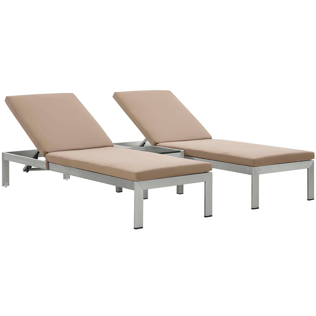 Shore 3 Piece Outdoor Patio Aluminum Chaise with Cushions in Silver Mocha