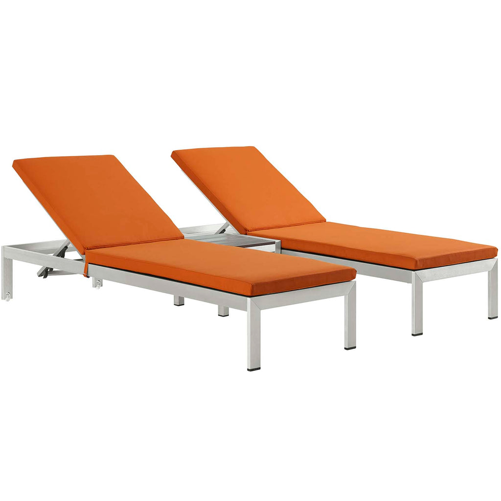 Shore 3 Piece Outdoor Patio Aluminum Chaise with Cushions in Silver Orange