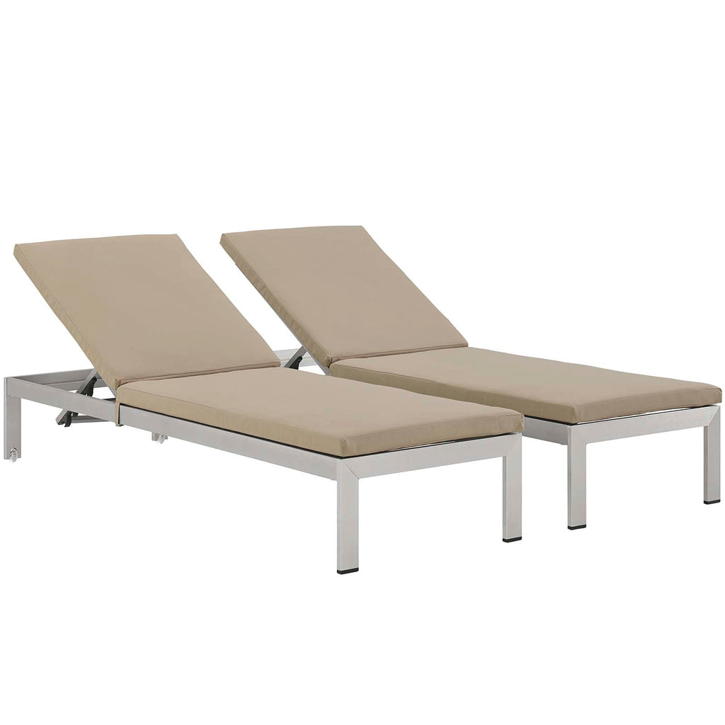 Shore Chaise with Cushions Outdoor Patio Aluminum Set of 2 in Silver Beige