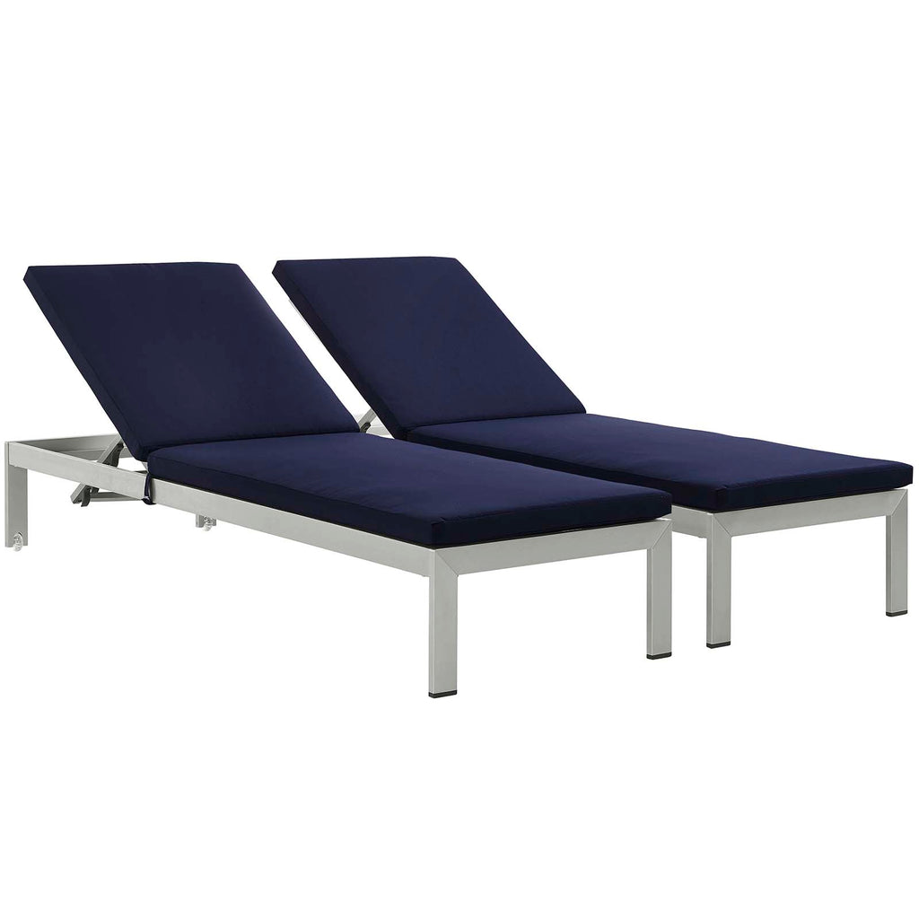 Shore Chaise with Cushions Outdoor Patio Aluminum Set of 2 in Silver Navy