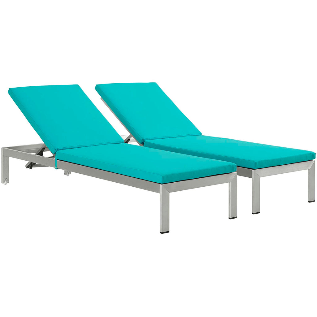 Shore Chaise with Cushions Outdoor Patio Aluminum Set of 2 in Silver Turquoise