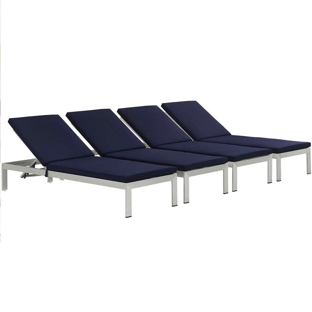 Shore Chaise with Cushions Outdoor Patio Aluminum Set of 4 in Silver Navy