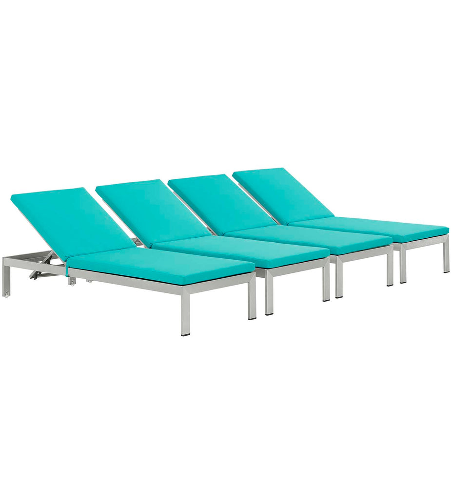 Shore Chaise with Cushions Outdoor Patio Aluminum Set of 4 in Silver Turquoise