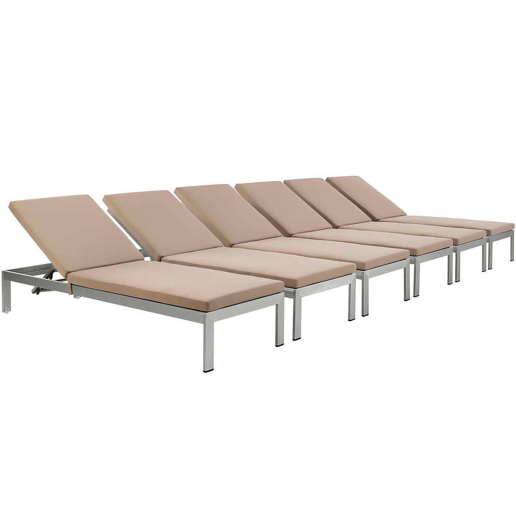 Shore Chaise with Cushions Outdoor Patio Aluminum Set of 6 in Silver Mocha