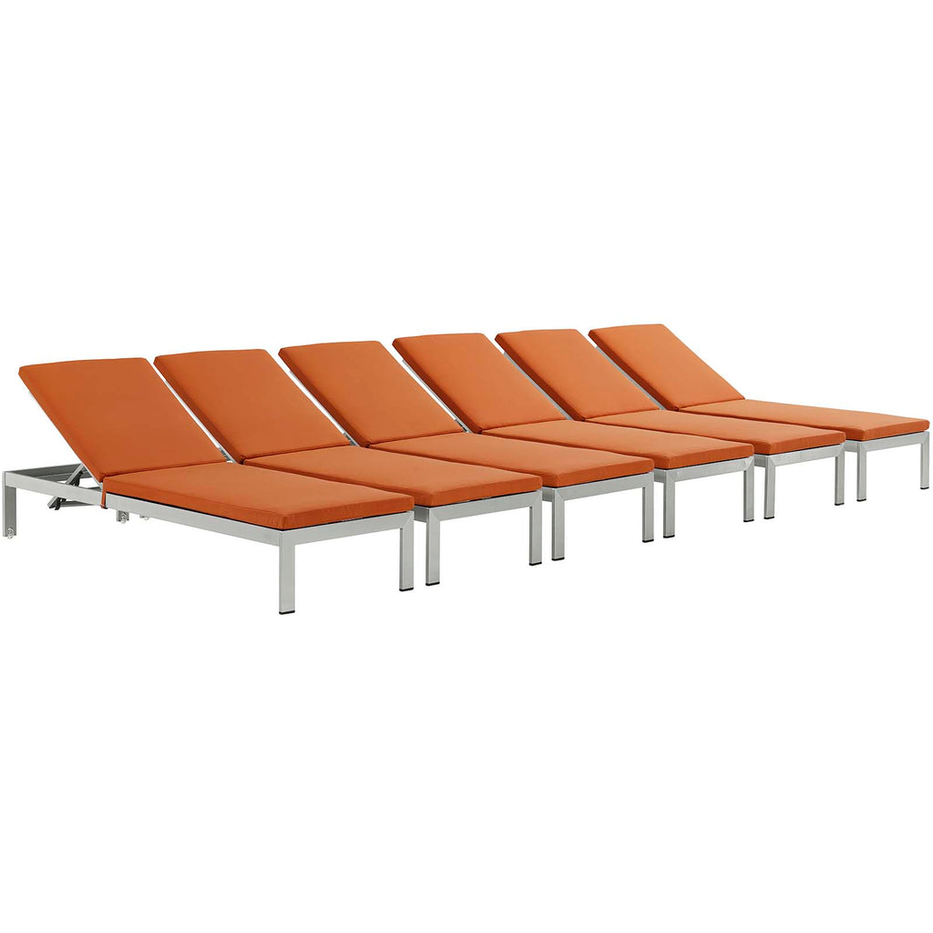 Shore Chaise with Cushions Outdoor Patio Aluminum Set of 6 in Silver Orange