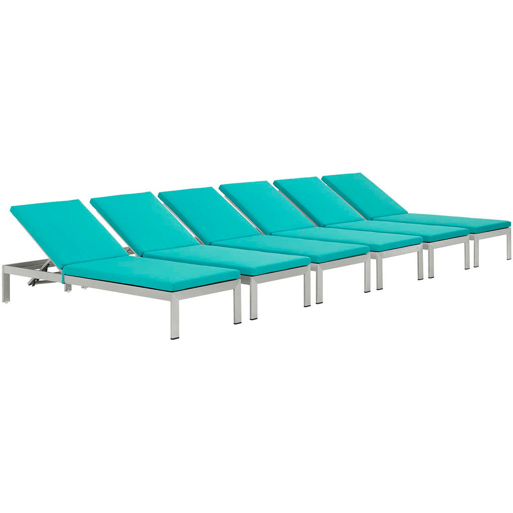 Shore Chaise with Cushions Outdoor Patio Aluminum Set of 6 in Silver Turquoise