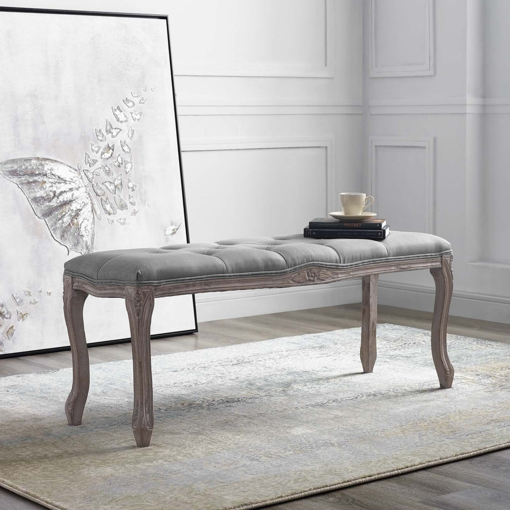 Regal Vintage French Upholstered Fabric Bench in Light Gray