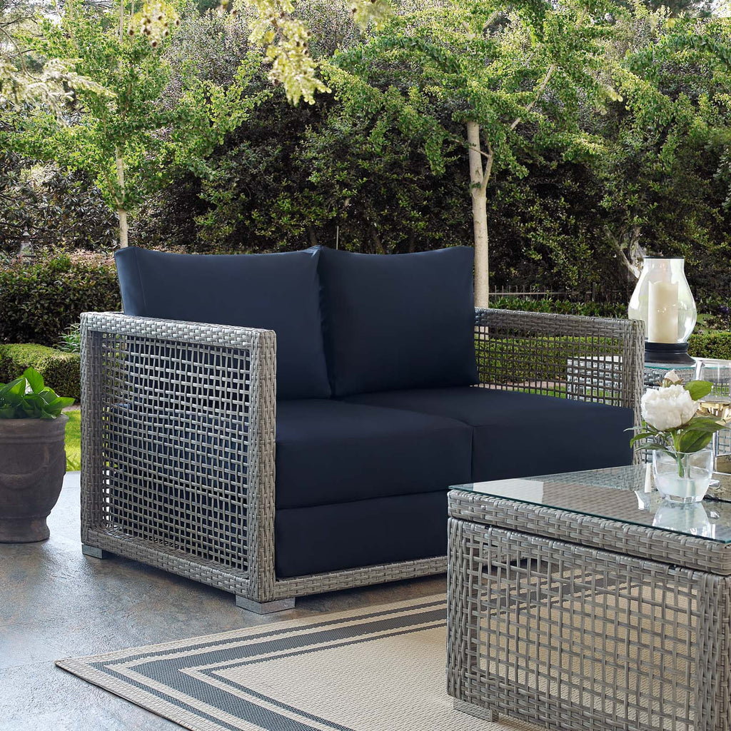 Aura Outdoor Patio Wicker Rattan Loveseat in Gray Navy