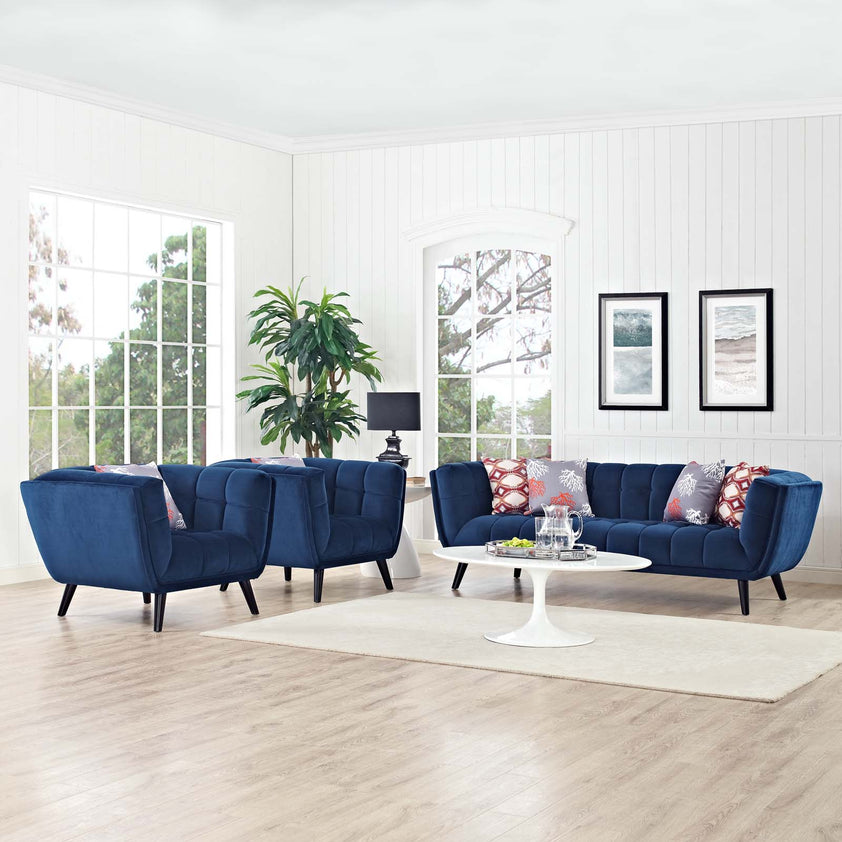 Bestow 3 Piece Performance Velvet Sofa and Armchair Set in Navy