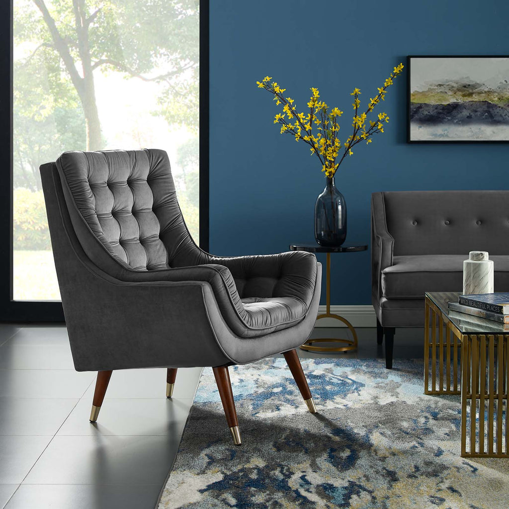 Suggest Button Tufted Performance Velvet Lounge Chair in Gray