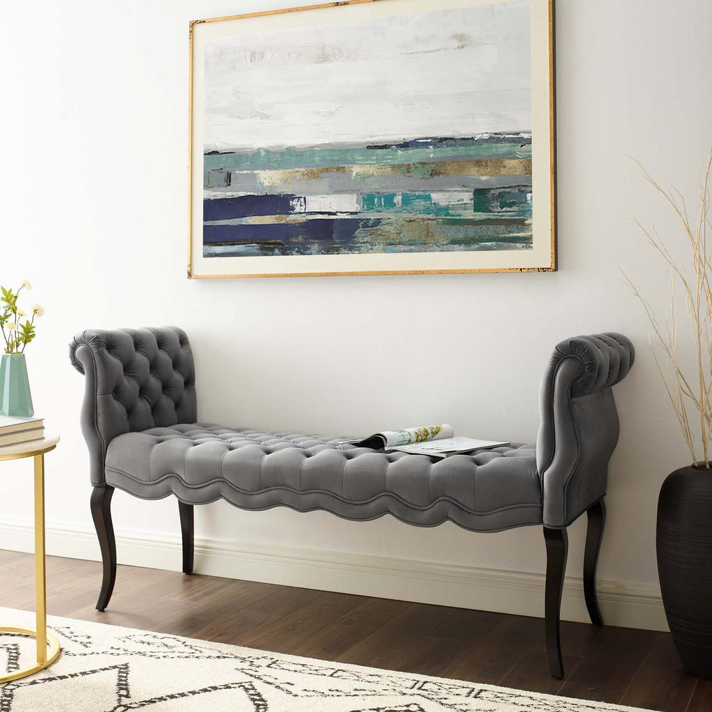 Adelia Chesterfield Style Button Tufted Performance Velvet Bench in Gray