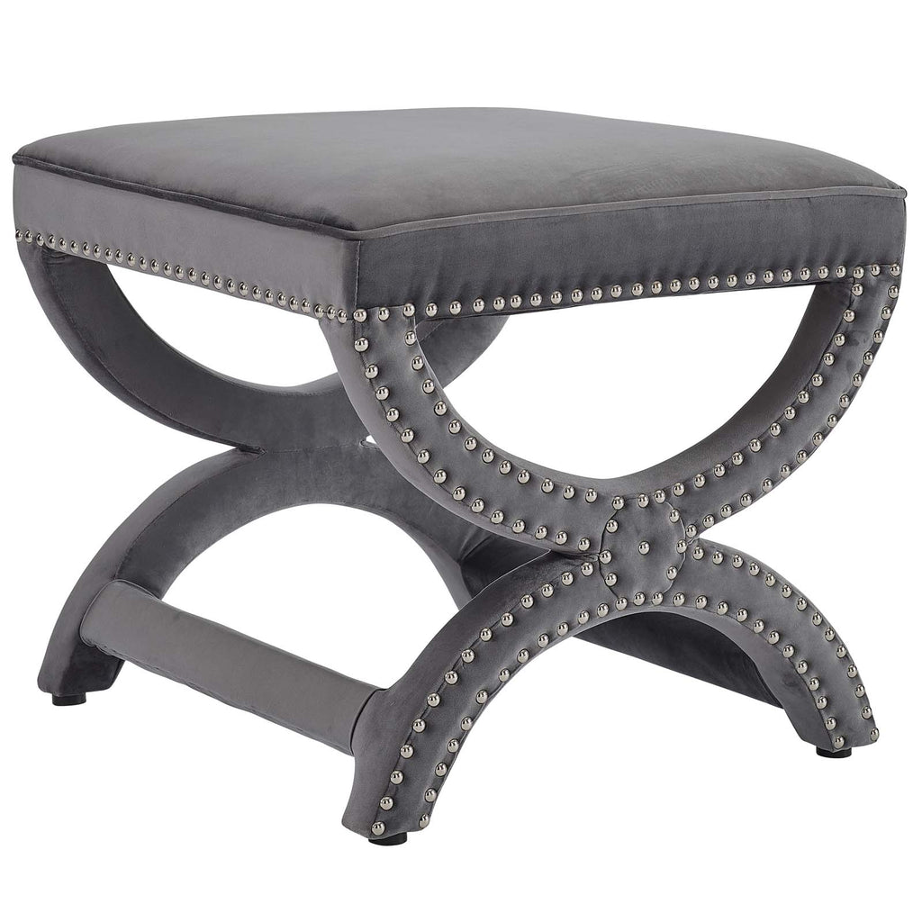 Expound Upholstered Nailhead Trim Performance Velvet Ottoman in Gray