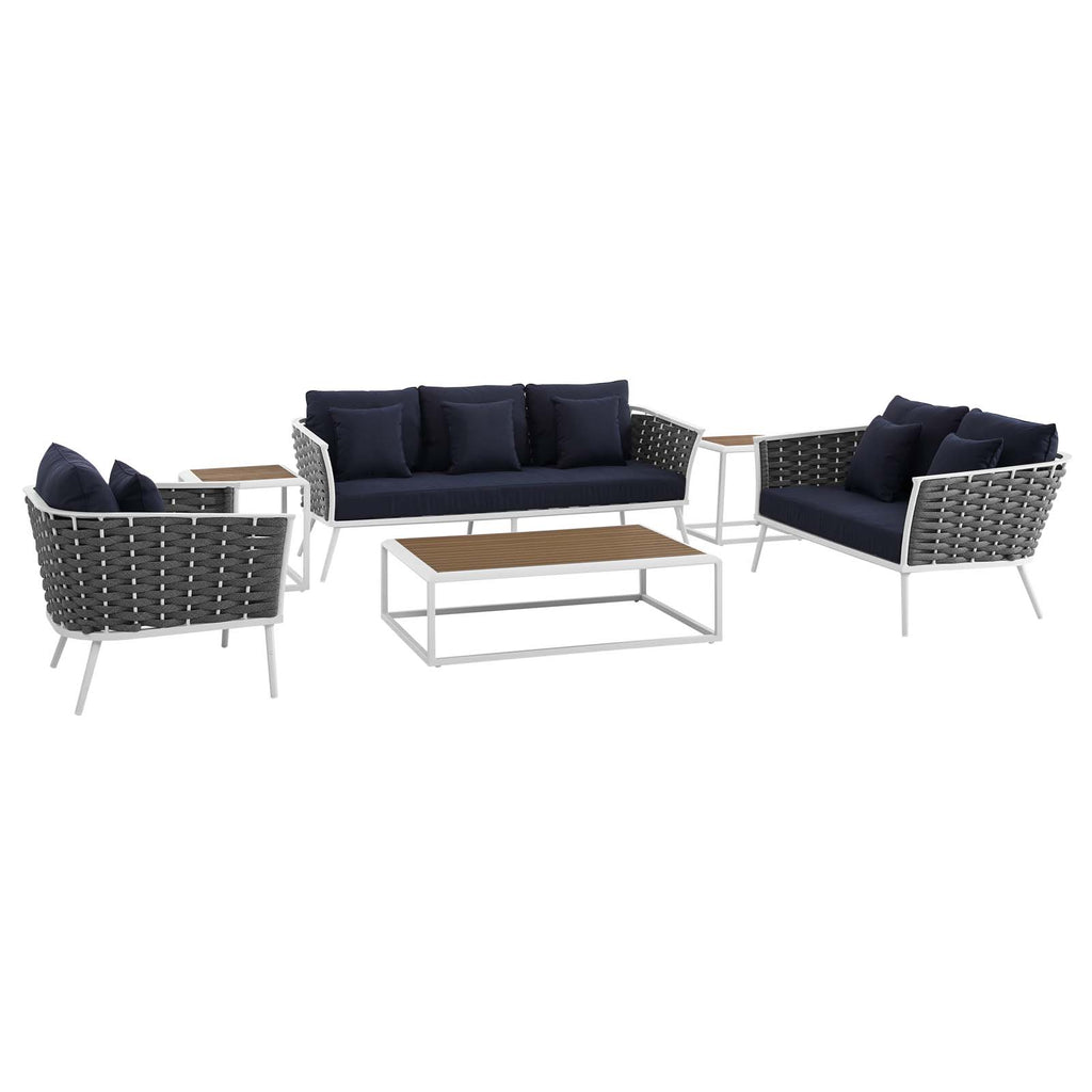 Stance 6 Piece Outdoor Patio Aluminum Sectional Sofa Set in White Navy-3