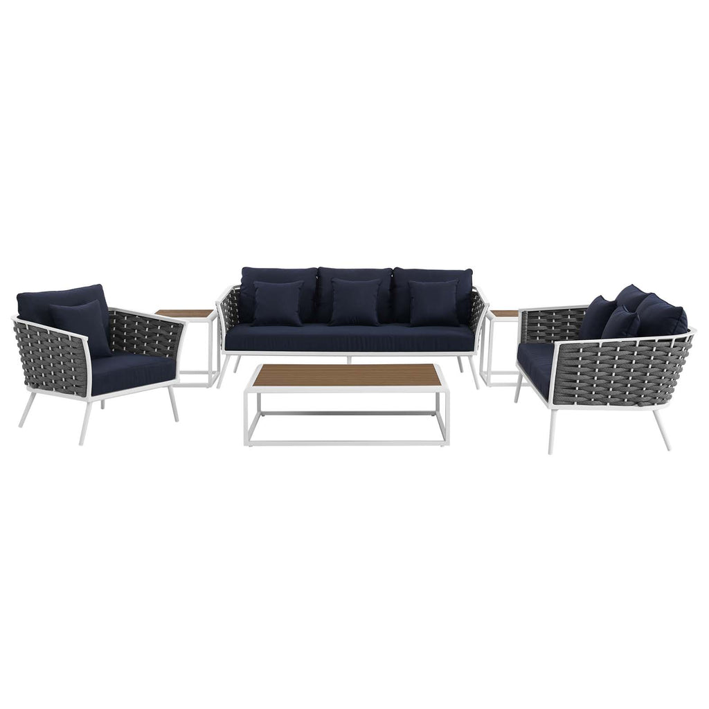 Stance 6 Piece Outdoor Patio Aluminum Sectional Sofa Set in White Navy-3