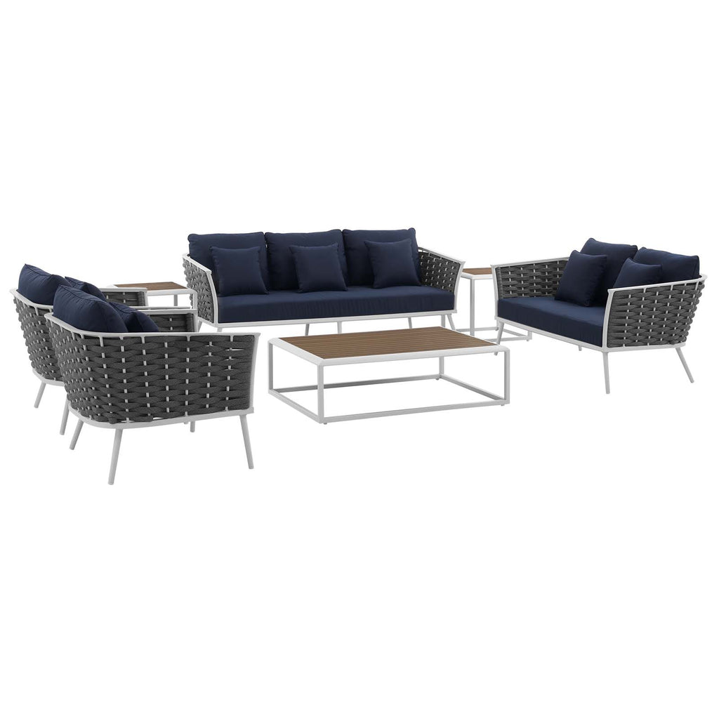 Stance 7 Piece Outdoor Patio Aluminum Sectional Sofa Set in White Navy