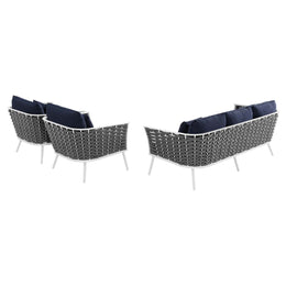 Stance 3 Piece Outdoor Patio Aluminum Sectional Sofa Set in White Navy-4