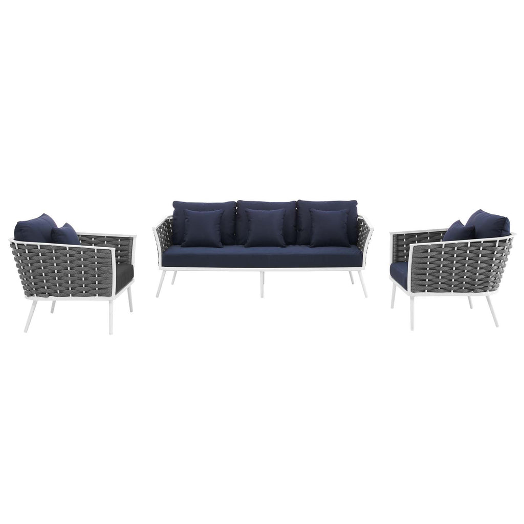 Stance 3 Piece Outdoor Patio Aluminum Sectional Sofa Set in White Navy-4