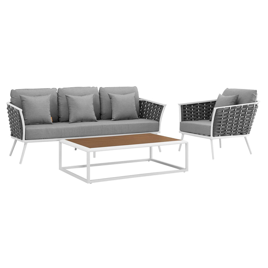 Stance 3 Piece Outdoor Patio Aluminum Sectional Sofa Set in White Gray-3