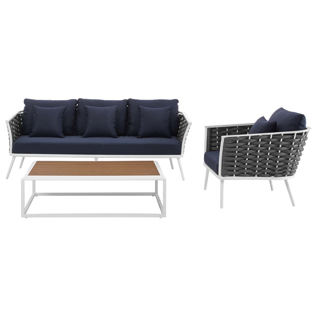 Stance 3 Piece Outdoor Patio Aluminum Sectional Sofa Set in White Navy-3