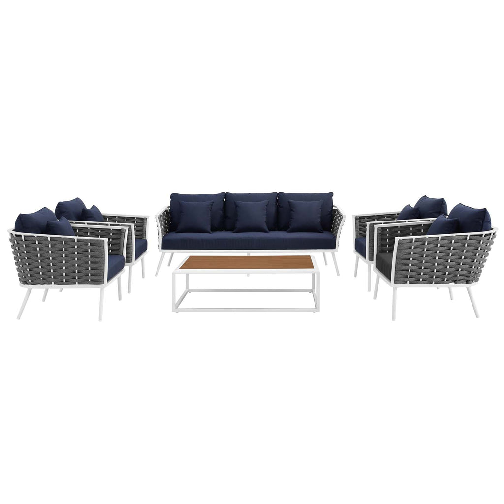 Stance 6 Piece Outdoor Patio Aluminum Sectional Sofa Set in White Navy-2