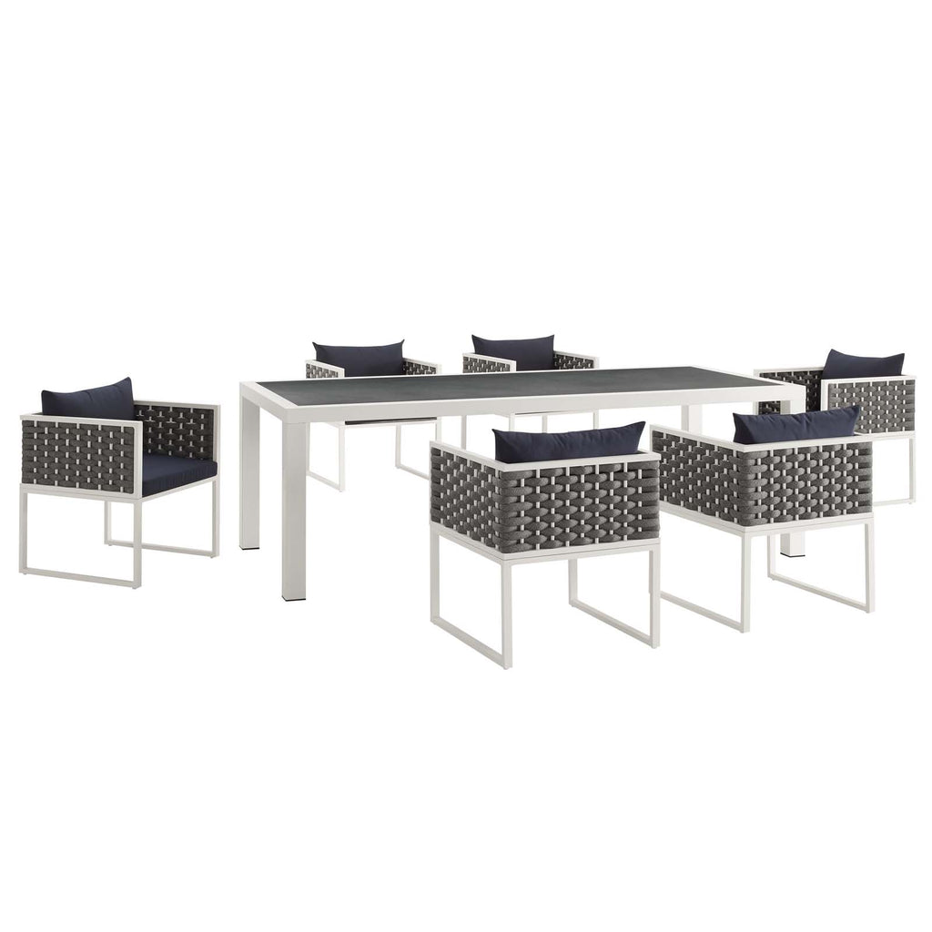 Stance 7 Piece Outdoor Patio Aluminum Dining Set in White Navy