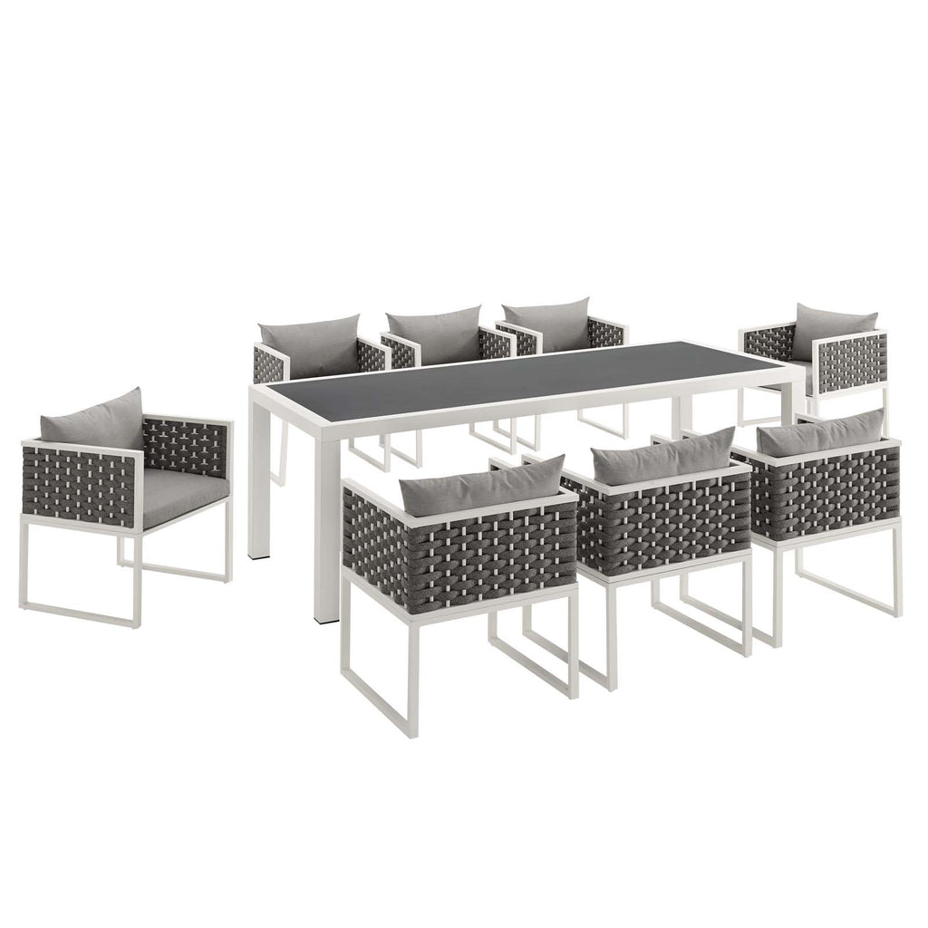 Stance 9 Piece Outdoor Patio Aluminum Dining Set in White Gray