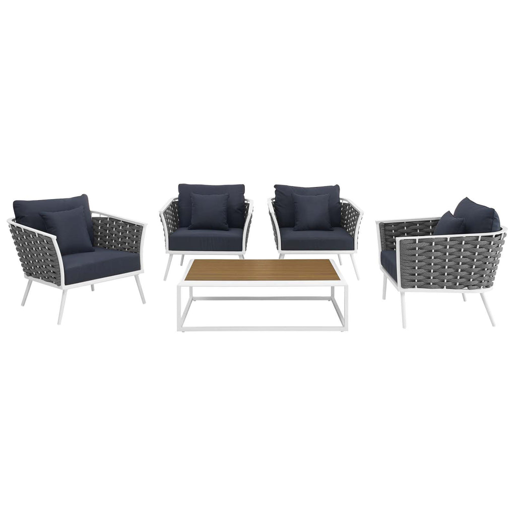 Stance 5 Piece Outdoor Patio Aluminum Sectional Sofa Set in White Navy-1