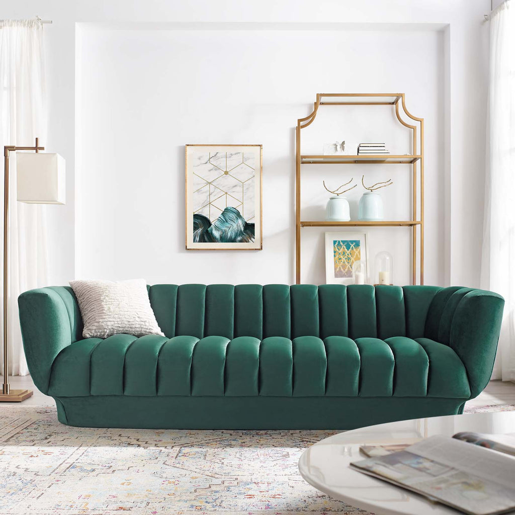 Entertain Vertical Channel Tufted Performance Velvet Sofa in Green